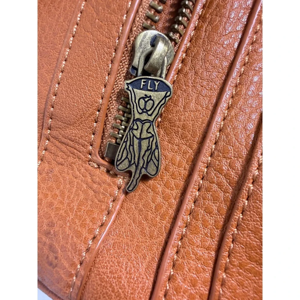 Fly London Tan Brown Pebbled Vegan Leather Satchel Crossbody Bag Multi Pocket